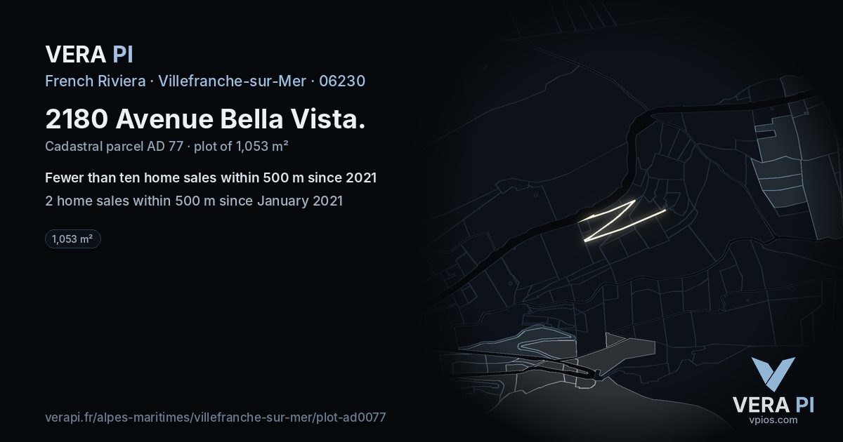 2180 Avenue Bella Vista, Villefranche-sur-Mer at night – the plot lit, the parcels around coloured by the prices near them