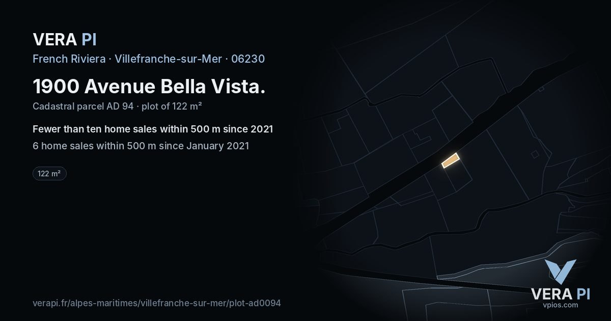1900 Avenue Bella Vista, Villefranche-sur-Mer at night – the plot lit, the parcels around coloured by the prices near them