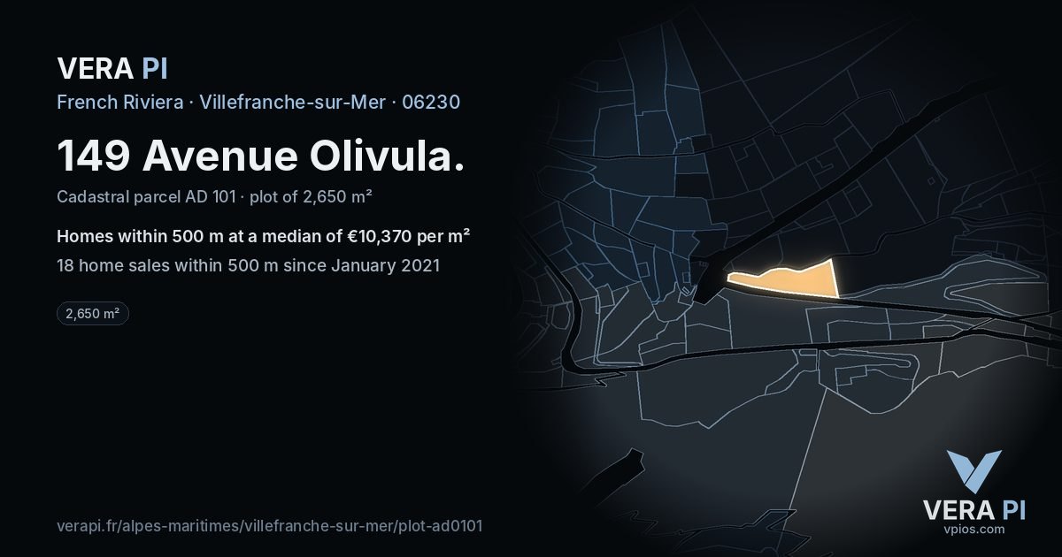 149 Avenue Olivula, Villefranche-sur-Mer at night – the plot lit, the parcels around coloured by the prices near them