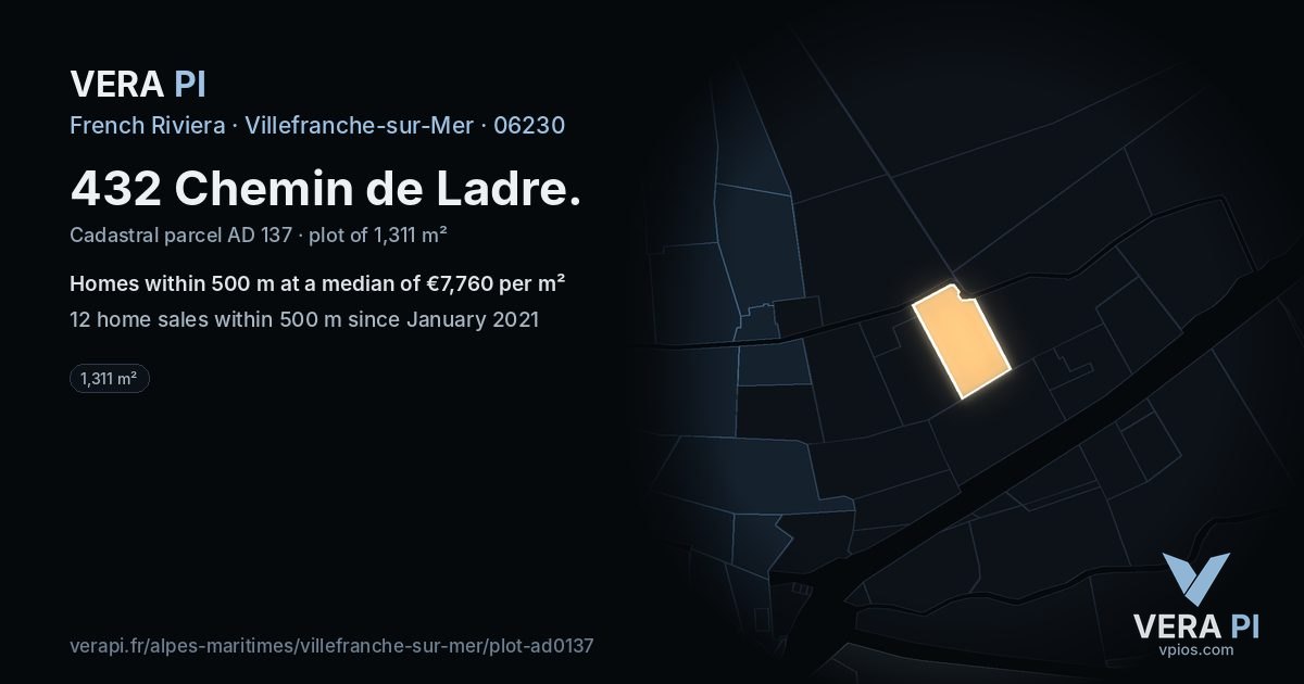 432 Chemin de Ladre, Villefranche-sur-Mer at night – the plot lit, the parcels around coloured by the prices near them