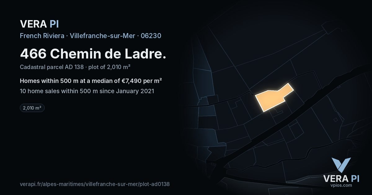 466 Chemin de Ladre, Villefranche-sur-Mer at night – the plot lit, the parcels around coloured by the prices near them