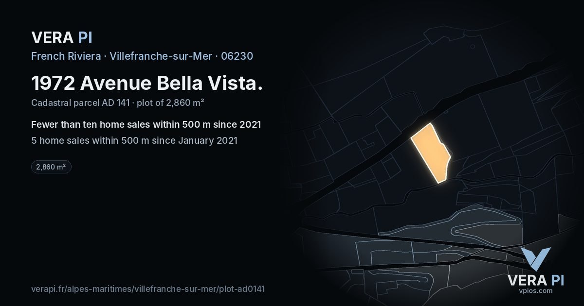 1972 Avenue Bella Vista, Villefranche-sur-Mer at night – the plot lit, the parcels around coloured by the prices near them