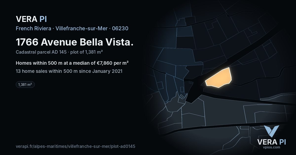 1766 Avenue Bella Vista, Villefranche-sur-Mer at night – the plot lit, the parcels around coloured by the prices near them