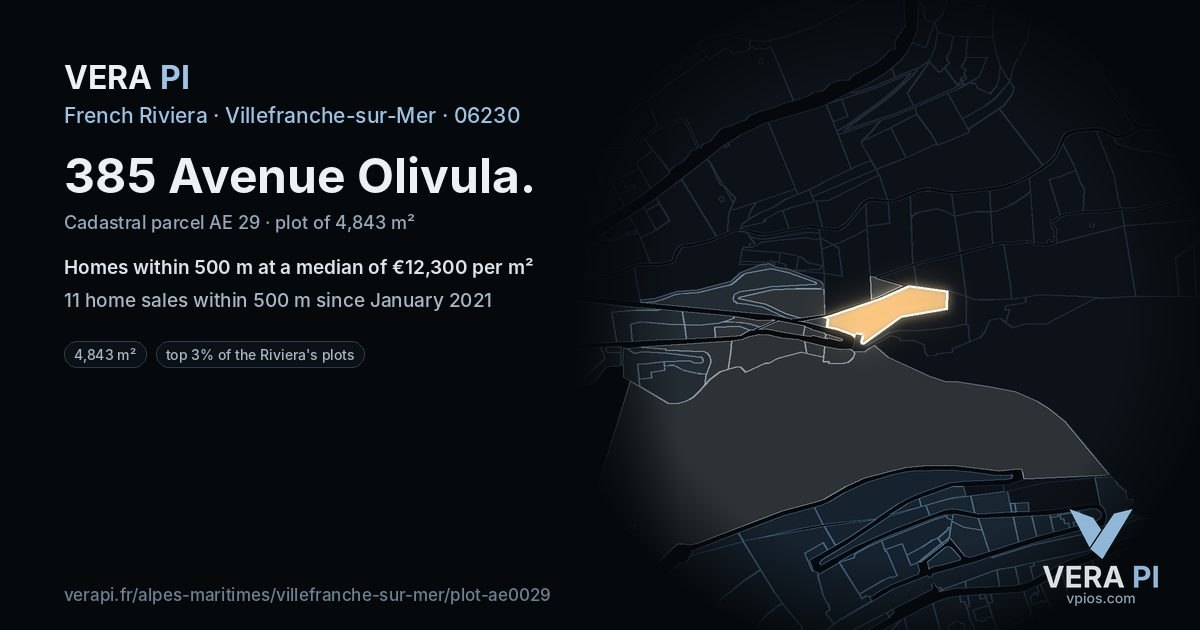 385 Avenue Olivula, Villefranche-sur-Mer at night – the plot lit, the parcels around coloured by the prices near them