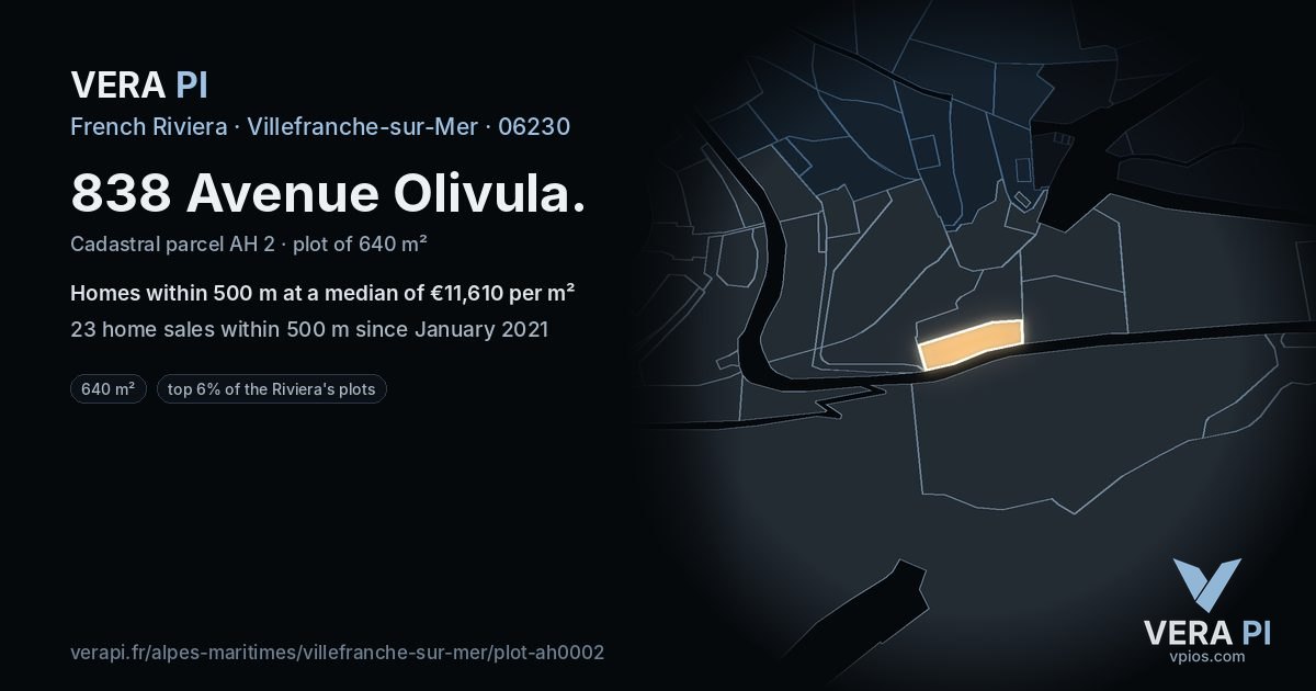 838 Avenue Olivula, Villefranche-sur-Mer at night – the plot lit, the parcels around coloured by the prices near them