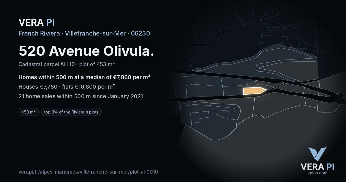 520 Avenue Olivula, Villefranche-sur-Mer at night – the plot lit, the parcels around coloured by the prices near them