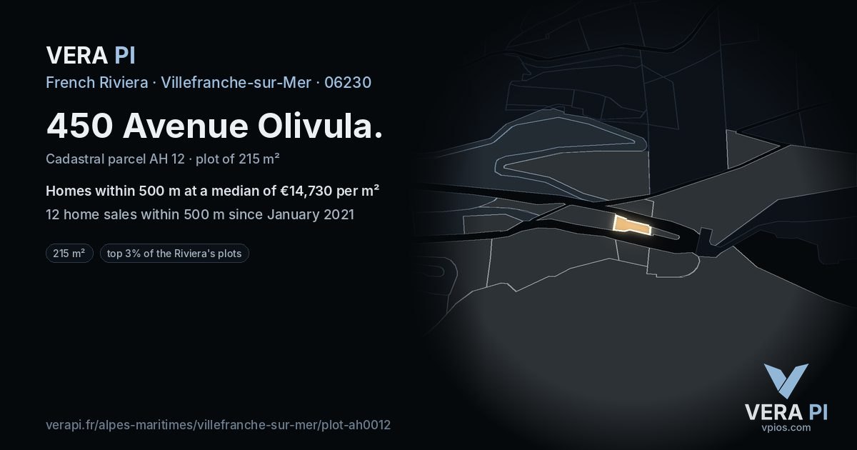 450 Avenue Olivula, Villefranche-sur-Mer at night – the plot lit, the parcels around coloured by the prices near them