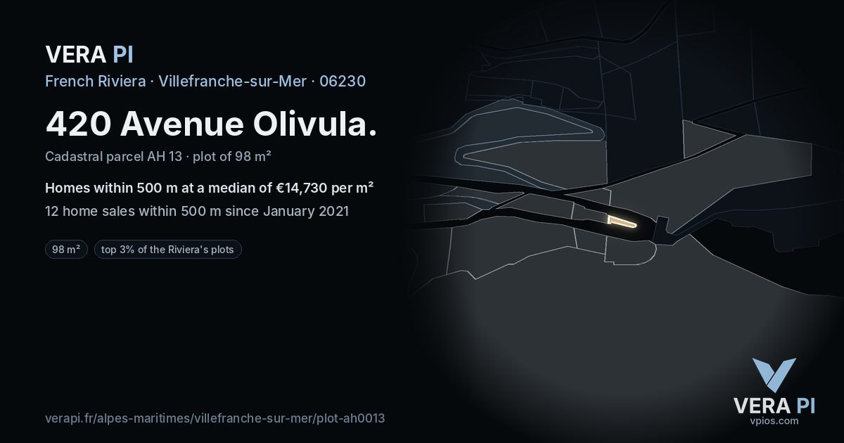 420 Avenue Olivula, Villefranche-sur-Mer at night – the plot lit, the parcels around coloured by the prices near them