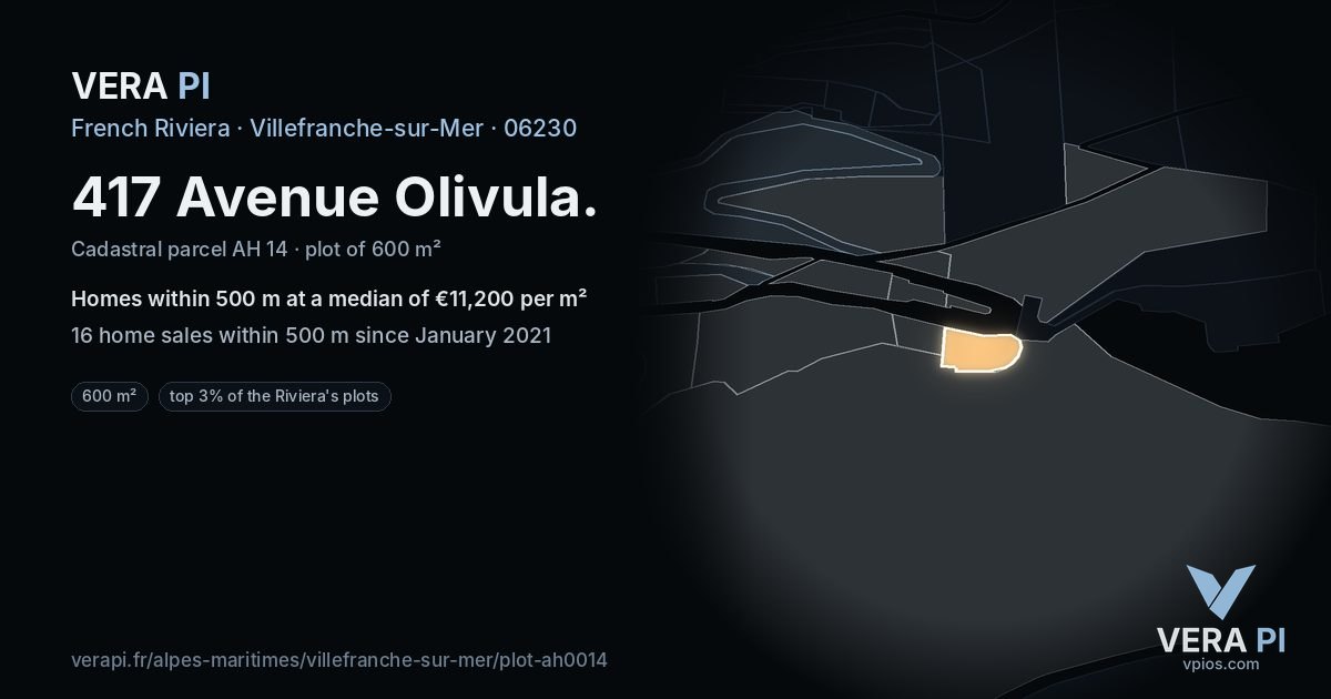 417 Avenue Olivula, Villefranche-sur-Mer at night – the plot lit, the parcels around coloured by the prices near them
