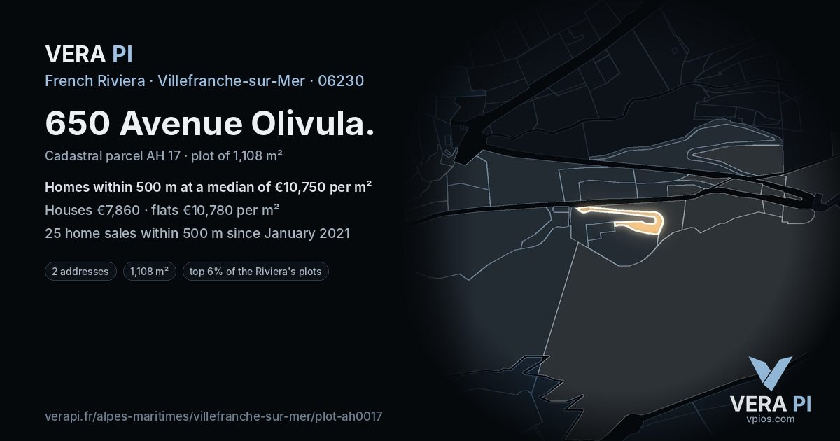 650 Avenue Olivula, Villefranche-sur-Mer at night – the plot lit, the parcels around coloured by the prices near them