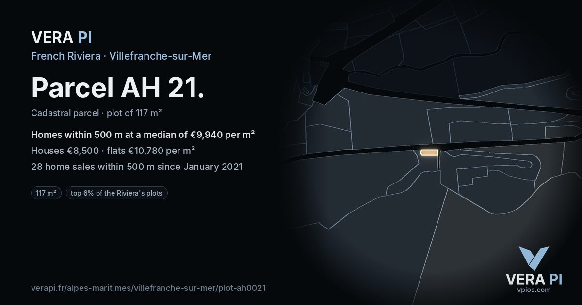 Parcel AH 21, Villefranche-sur-Mer at night – the plot lit, the parcels around coloured by the prices near them