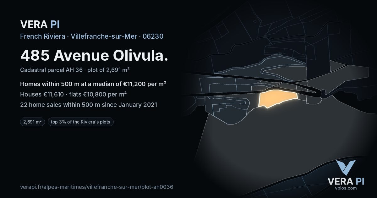 485 Avenue Olivula, Villefranche-sur-Mer at night – the plot lit, the parcels around coloured by the prices near them