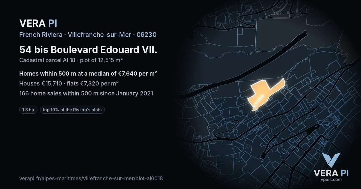 54 bis Boulevard Edouard VII, Villefranche-sur-Mer at night – the plot lit, the parcels around coloured by the prices near them