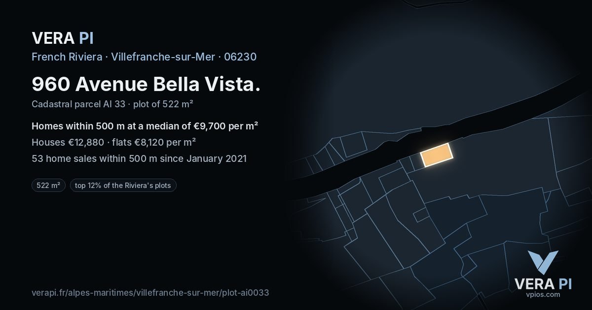 960 Avenue Bella Vista, Villefranche-sur-Mer at night – the plot lit, the parcels around coloured by the prices near them