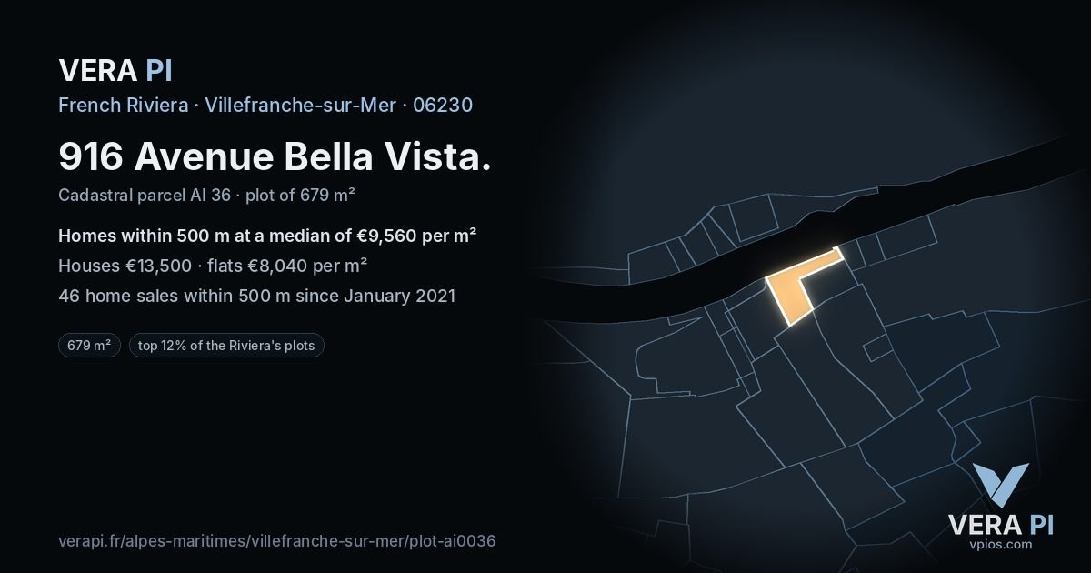 916 Avenue Bella Vista, Villefranche-sur-Mer at night – the plot lit, the parcels around coloured by the prices near them