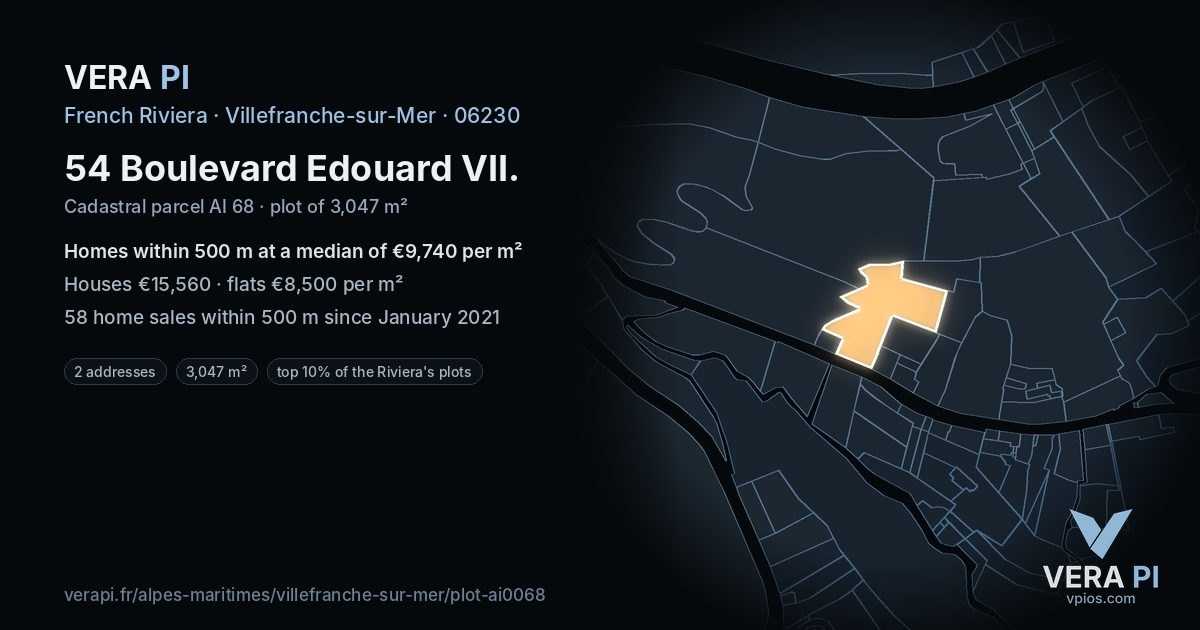 54 Boulevard Edouard VII, Villefranche-sur-Mer at night – the plot lit, the parcels around coloured by the prices near them