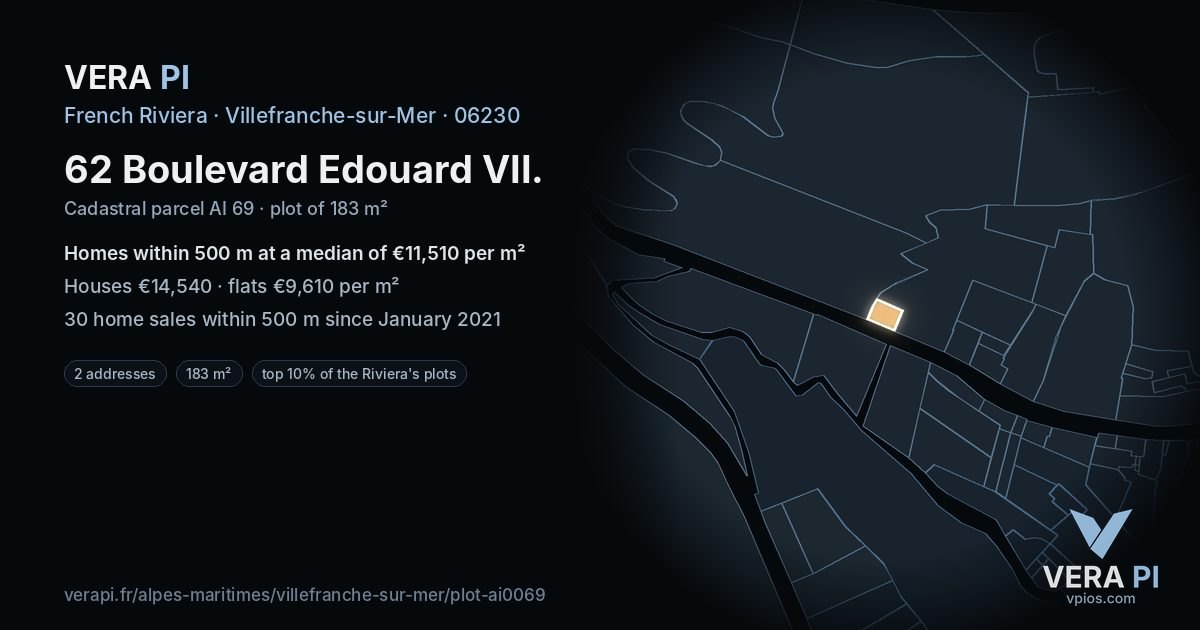 62 Boulevard Edouard VII, Villefranche-sur-Mer at night – the plot lit, the parcels around coloured by the prices near them