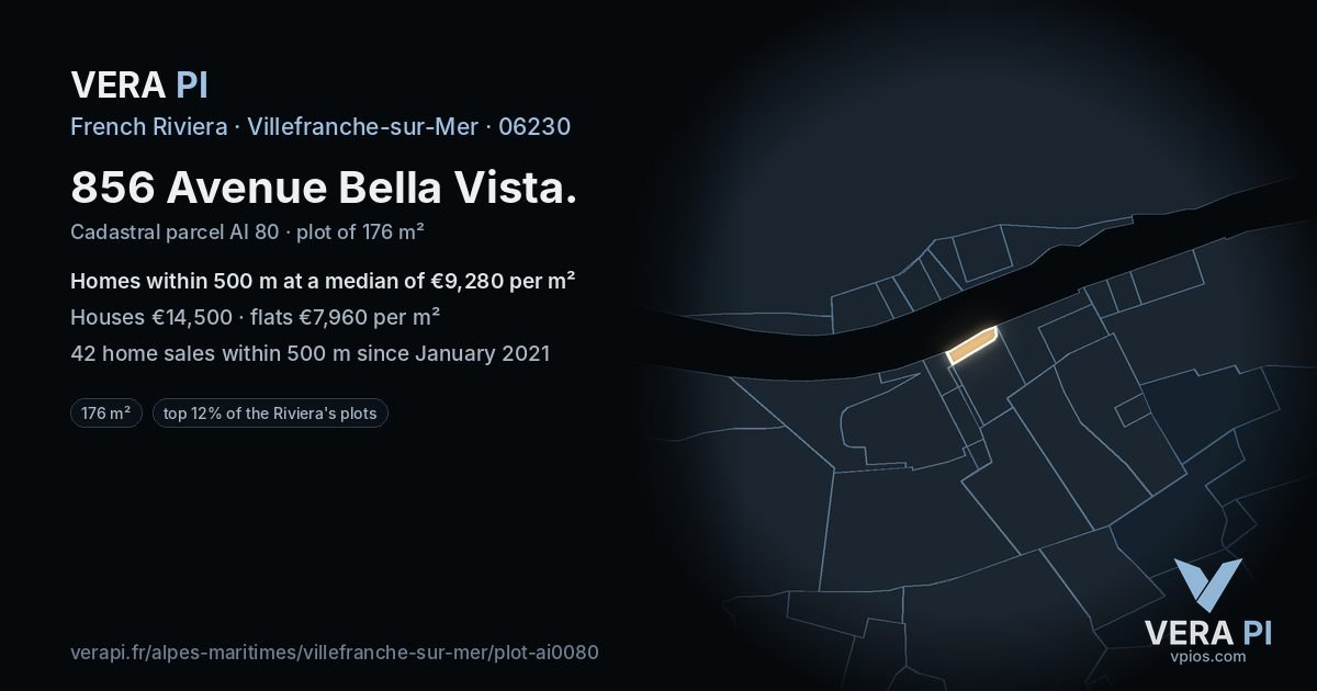 856 Avenue Bella Vista, Villefranche-sur-Mer at night – the plot lit, the parcels around coloured by the prices near them