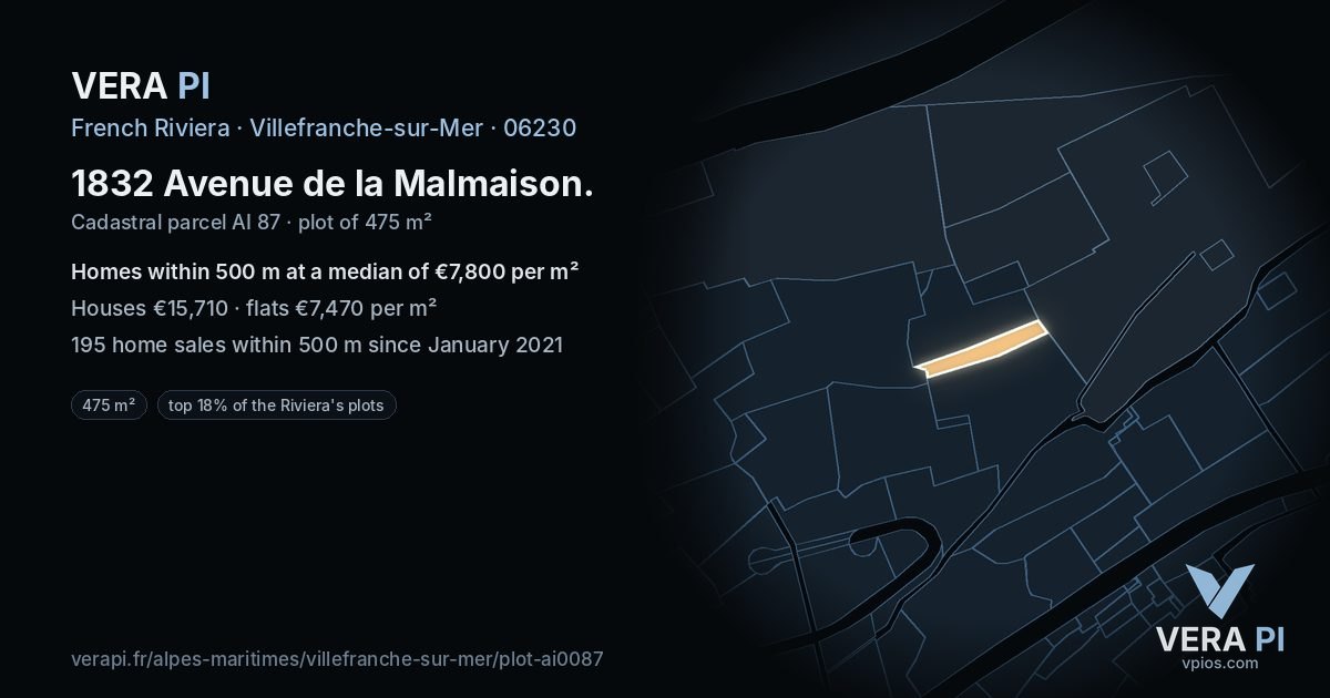 1832 Avenue de la Malmaison, Villefranche-sur-Mer at night – the plot lit, the parcels around coloured by the prices near them