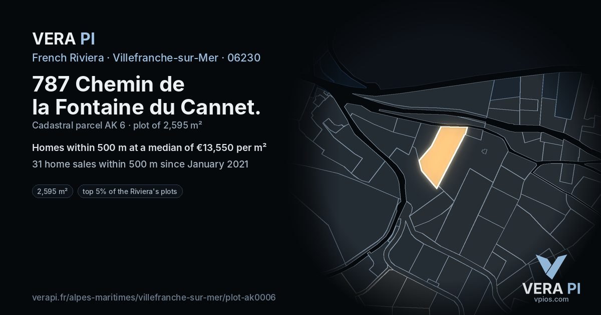 787 Chemin de la Fontaine du Cannet, Villefranche-sur-Mer at night – the plot lit, the parcels around coloured by the prices near them