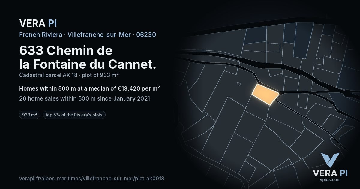 633 Chemin de la Fontaine du Cannet, Villefranche-sur-Mer at night – the plot lit, the parcels around coloured by the prices near them