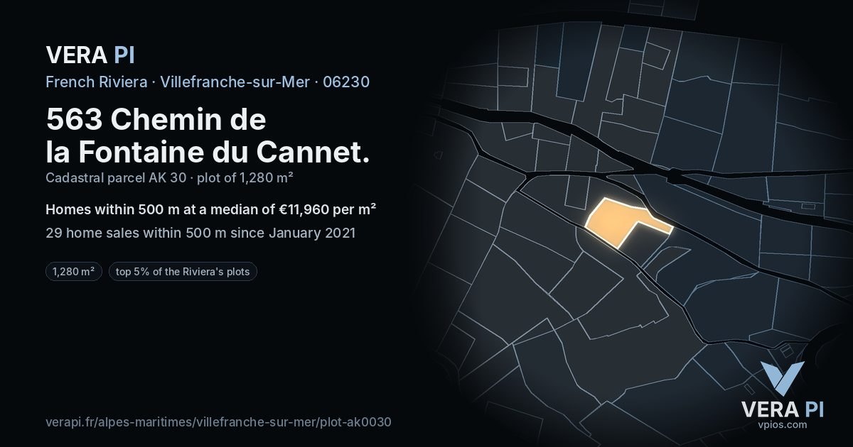 563 Chemin de la Fontaine du Cannet, Villefranche-sur-Mer at night – the plot lit, the parcels around coloured by the prices near them
