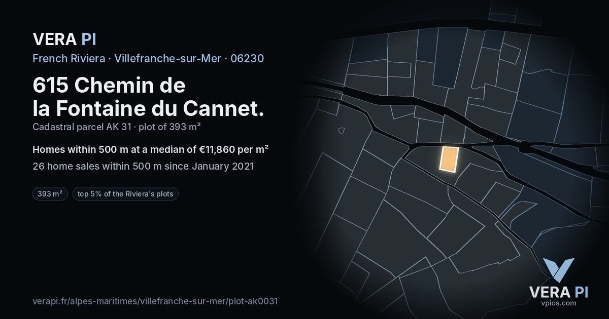 615 Chemin de la Fontaine du Cannet, Villefranche-sur-Mer at night – the plot lit, the parcels around coloured by the prices near them
