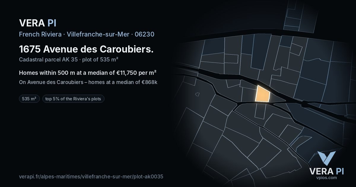 1675 Avenue des Caroubiers, Villefranche-sur-Mer at night – the plot lit, the parcels around coloured by the prices near them