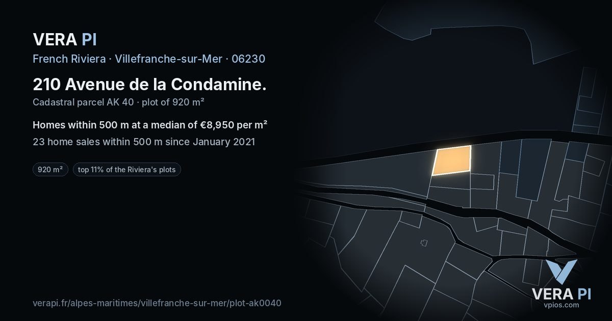 210 Avenue de la Condamine, Villefranche-sur-Mer at night – the plot lit, the parcels around coloured by the prices near them