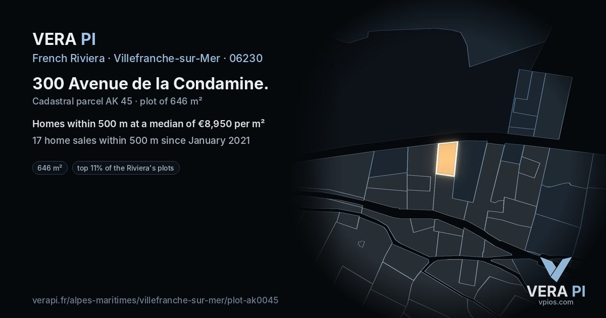 300 Avenue de la Condamine, Villefranche-sur-Mer at night – the plot lit, the parcels around coloured by the prices near them