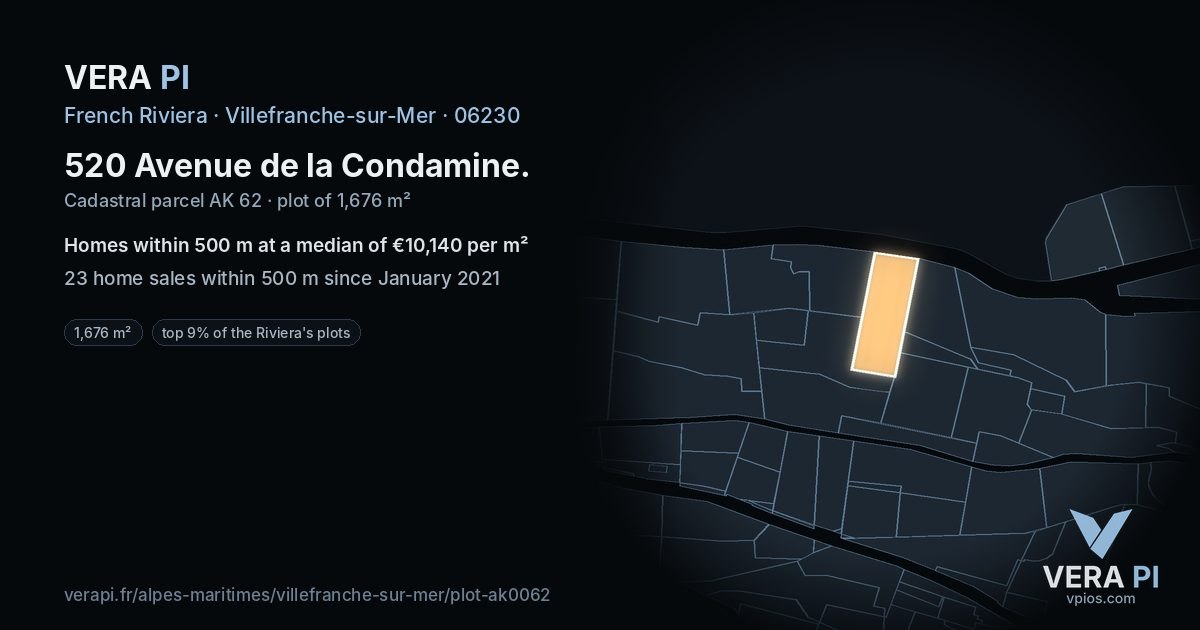 520 Avenue de la Condamine, Villefranche-sur-Mer at night – the plot lit, the parcels around coloured by the prices near them