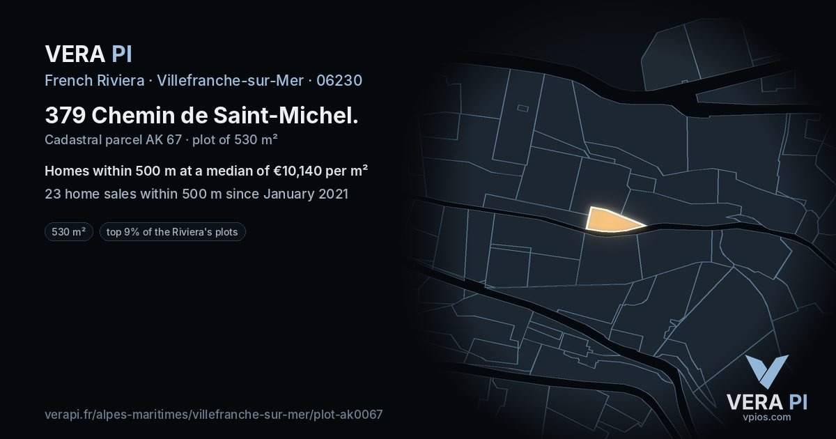 379 Chemin de Saint-Michel, Villefranche-sur-Mer at night – the plot lit, the parcels around coloured by the prices near them
