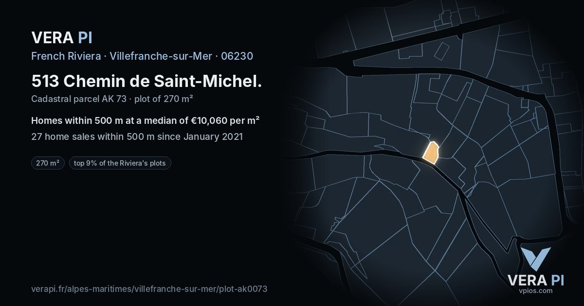 513 Chemin de Saint-Michel, Villefranche-sur-Mer at night – the plot lit, the parcels around coloured by the prices near them