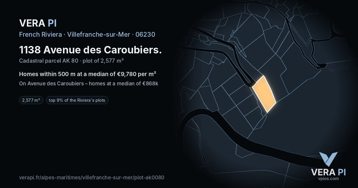 1138 Avenue des Caroubiers, Villefranche-sur-Mer at night – the plot lit, the parcels around coloured by the prices near them