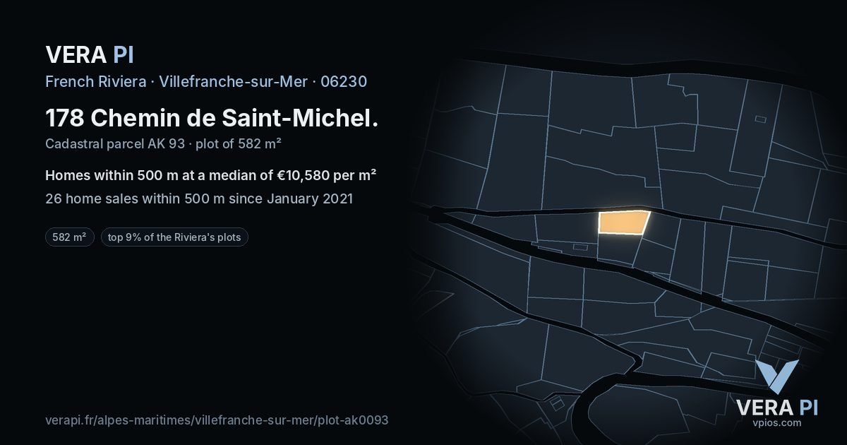 178 Chemin de Saint-Michel, Villefranche-sur-Mer at night – the plot lit, the parcels around coloured by the prices near them