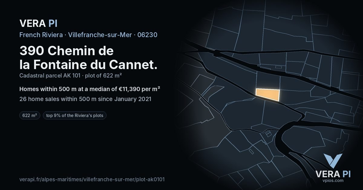 390 Chemin de la Fontaine du Cannet, Villefranche-sur-Mer at night – the plot lit, the parcels around coloured by the prices near them