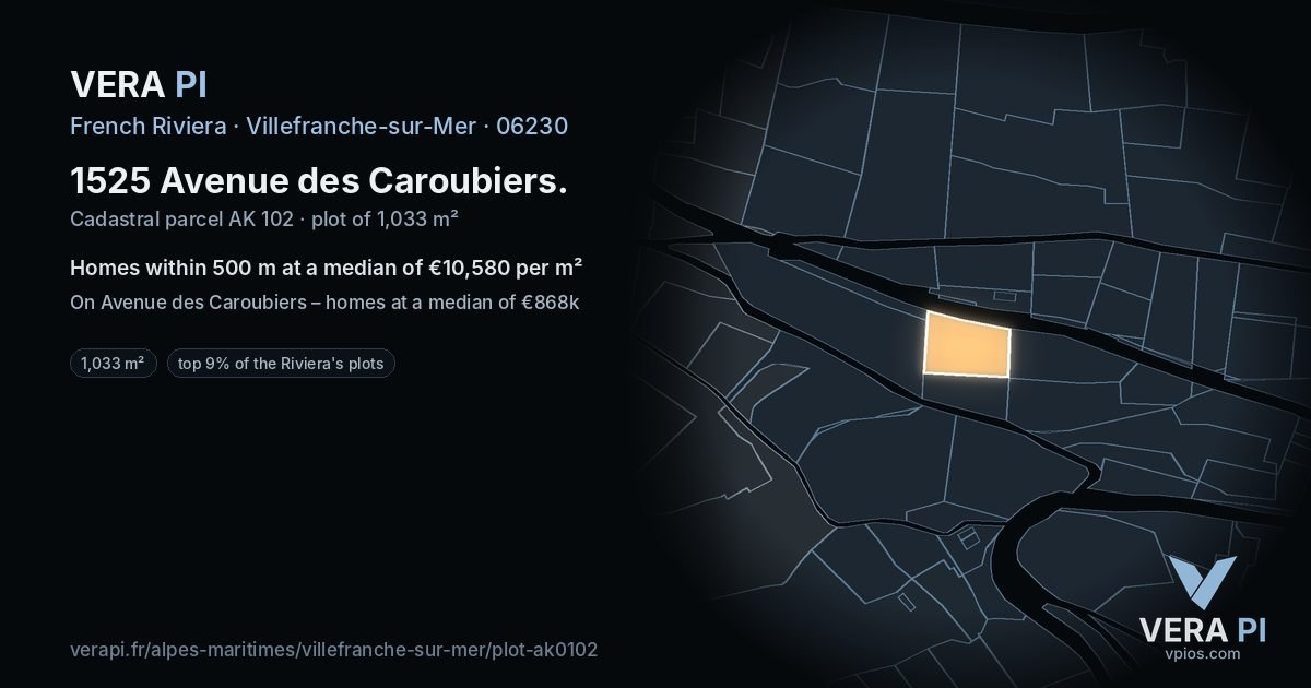 1525 Avenue des Caroubiers, Villefranche-sur-Mer at night – the plot lit, the parcels around coloured by the prices near them
