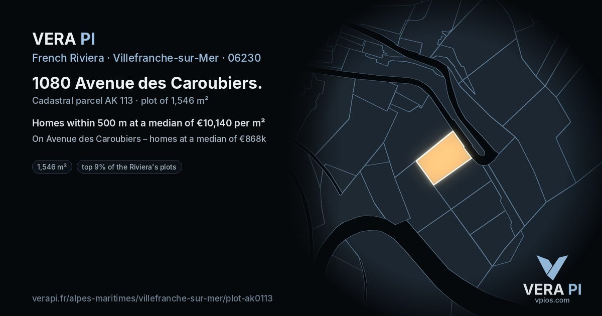 1080 Avenue des Caroubiers, Villefranche-sur-Mer at night – the plot lit, the parcels around coloured by the prices near them