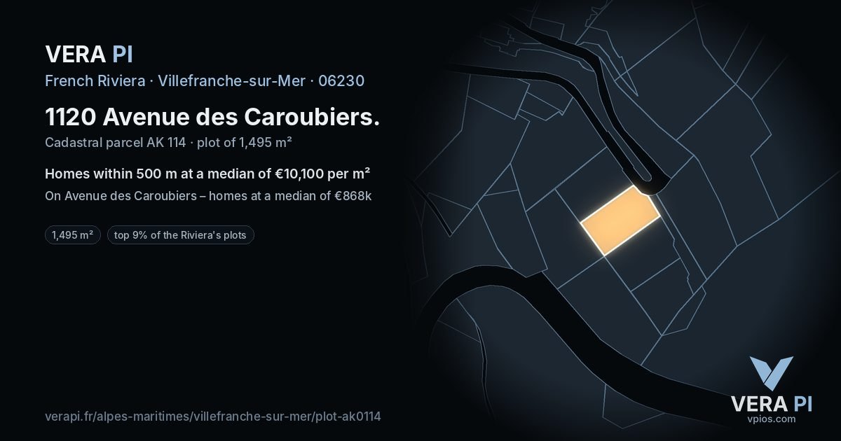 1120 Avenue des Caroubiers, Villefranche-sur-Mer at night – the plot lit, the parcels around coloured by the prices near them