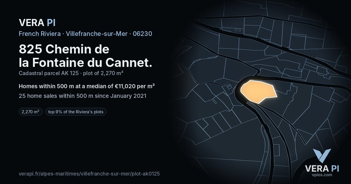 825 Chemin de la Fontaine du Cannet, Villefranche-sur-Mer at night – the plot lit, the parcels around coloured by the prices near them