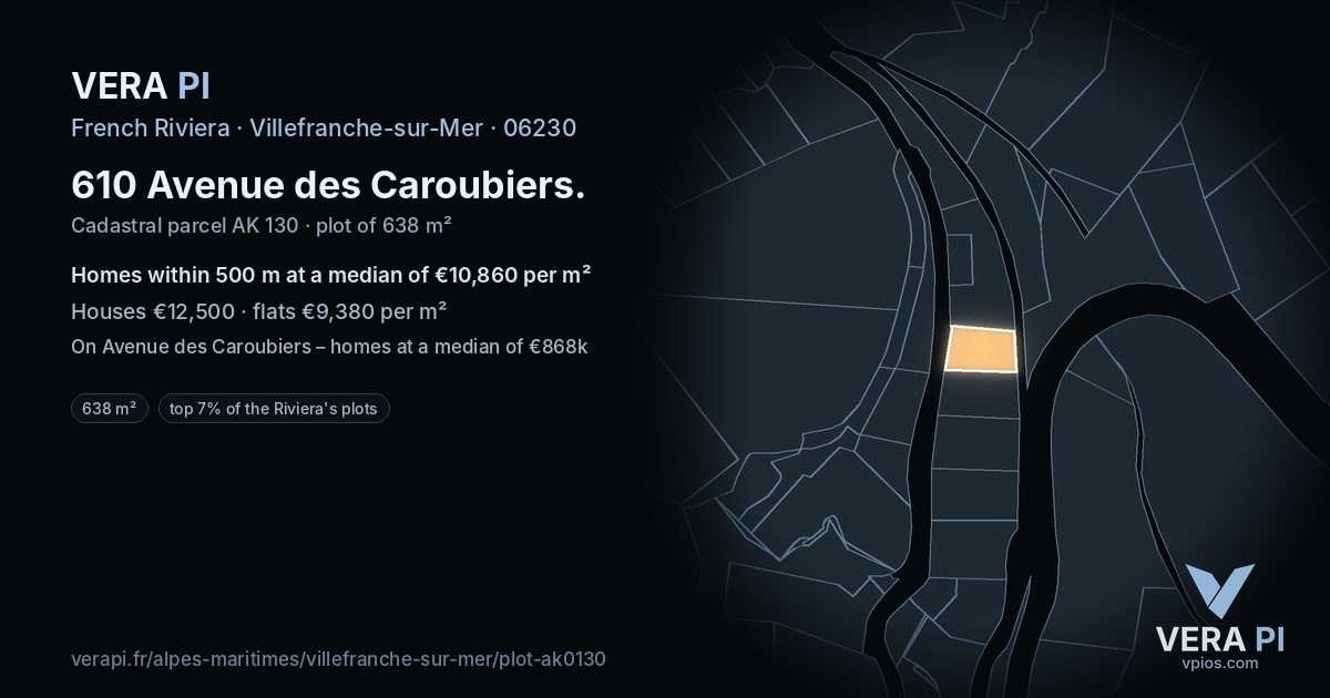 610 Avenue des Caroubiers, Villefranche-sur-Mer at night – the plot lit, the parcels around coloured by the prices near them