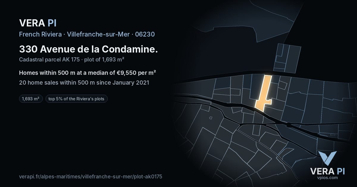 330 Avenue de la Condamine, Villefranche-sur-Mer at night – the plot lit, the parcels around coloured by the prices near them