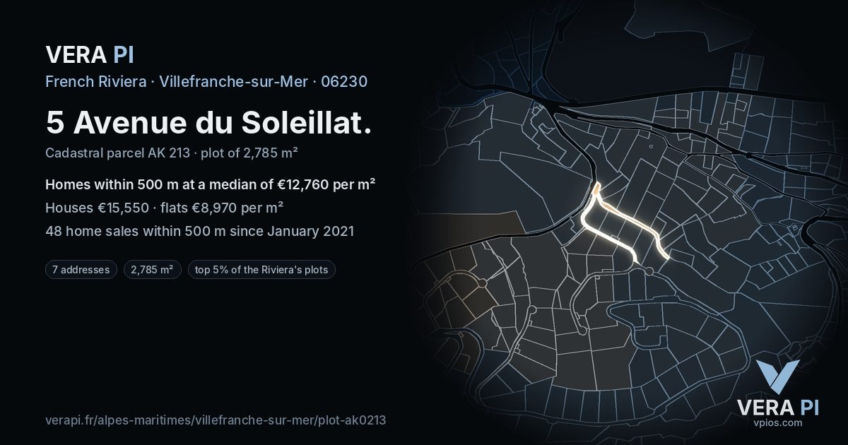 5 Avenue du Soleillat, Villefranche-sur-Mer at night – the plot lit, the parcels around coloured by the prices near them