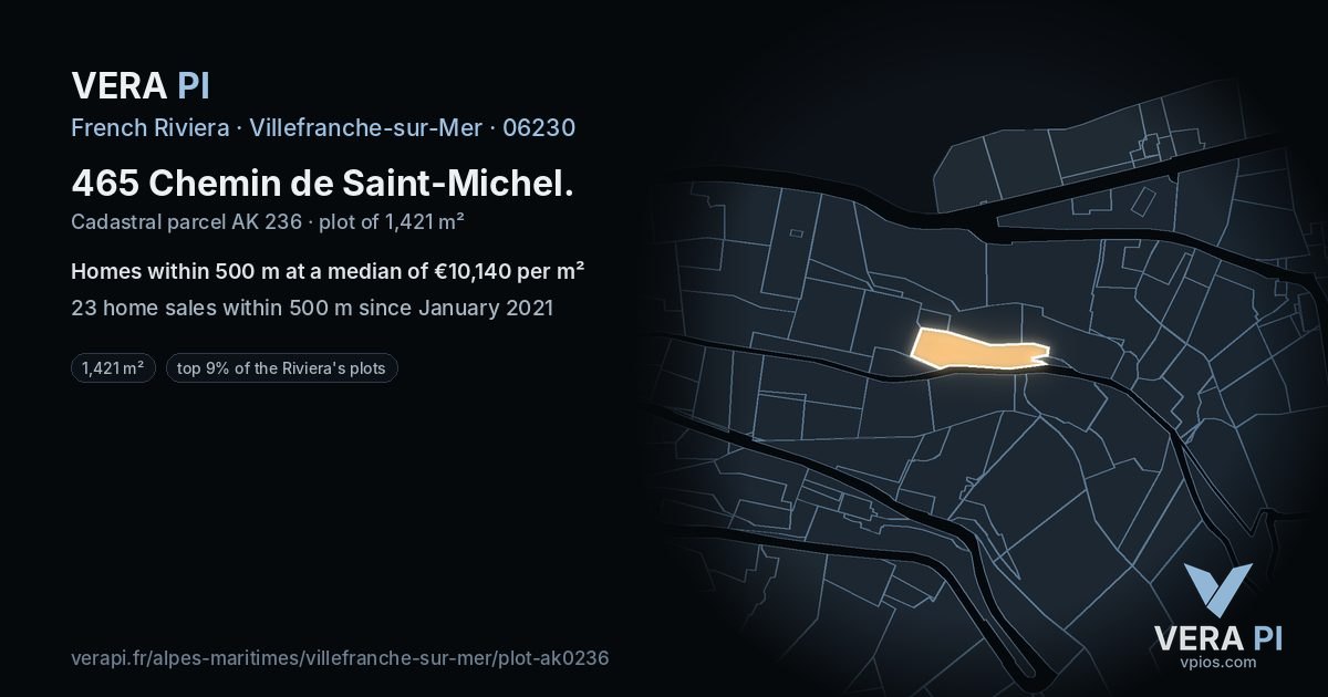 465 Chemin de Saint-Michel, Villefranche-sur-Mer at night – the plot lit, the parcels around coloured by the prices near them
