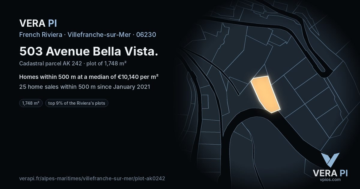 503 Avenue Bella Vista, Villefranche-sur-Mer at night – the plot lit, the parcels around coloured by the prices near them
