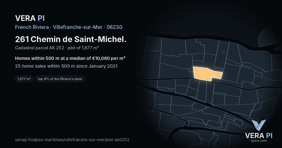 261 Chemin de Saint-Michel, Villefranche-sur-Mer at night – the plot lit, the parcels around coloured by the prices near them