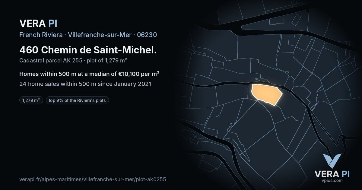 460 Chemin de Saint-Michel, Villefranche-sur-Mer at night – the plot lit, the parcels around coloured by the prices near them