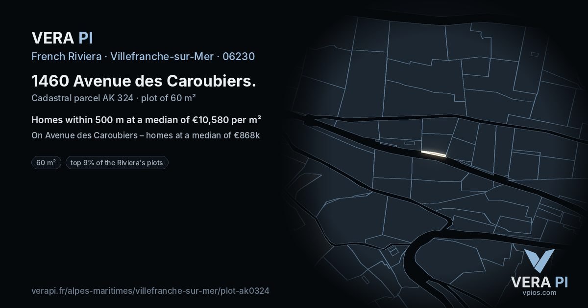 1460 Avenue des Caroubiers, Villefranche-sur-Mer at night – the plot lit, the parcels around coloured by the prices near them