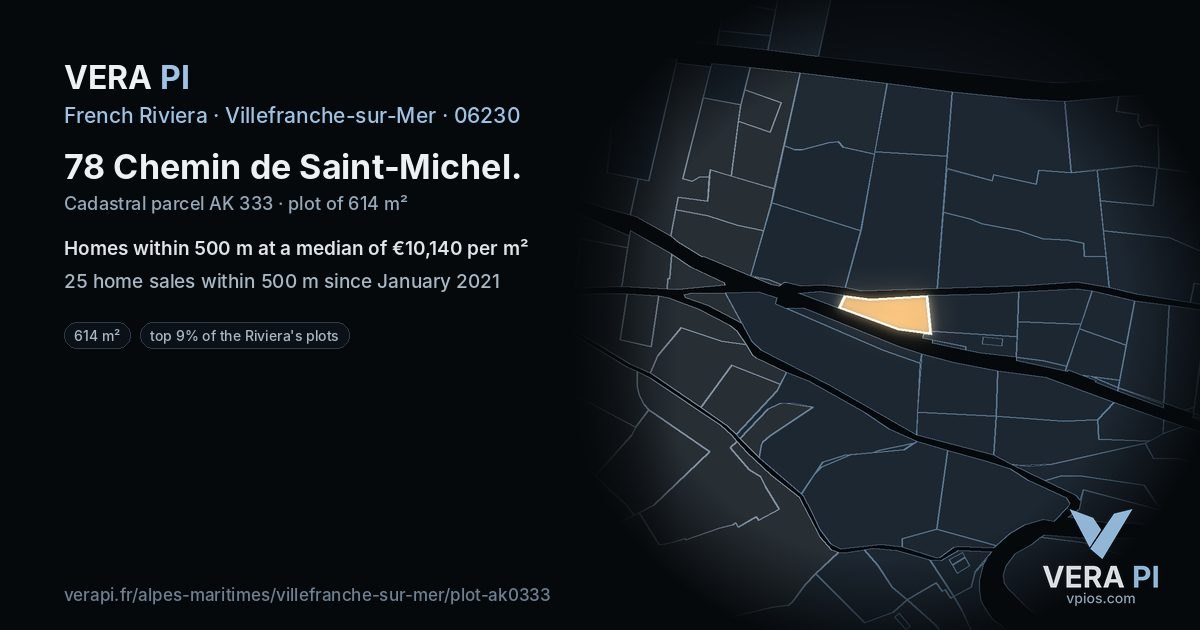 78 Chemin de Saint-Michel, Villefranche-sur-Mer at night – the plot lit, the parcels around coloured by the prices near them