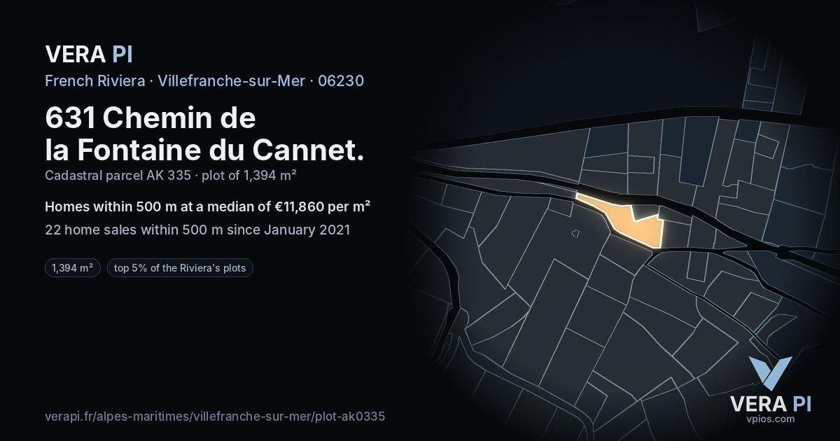 631 Chemin de la Fontaine du Cannet, Villefranche-sur-Mer at night – the plot lit, the parcels around coloured by the prices near them